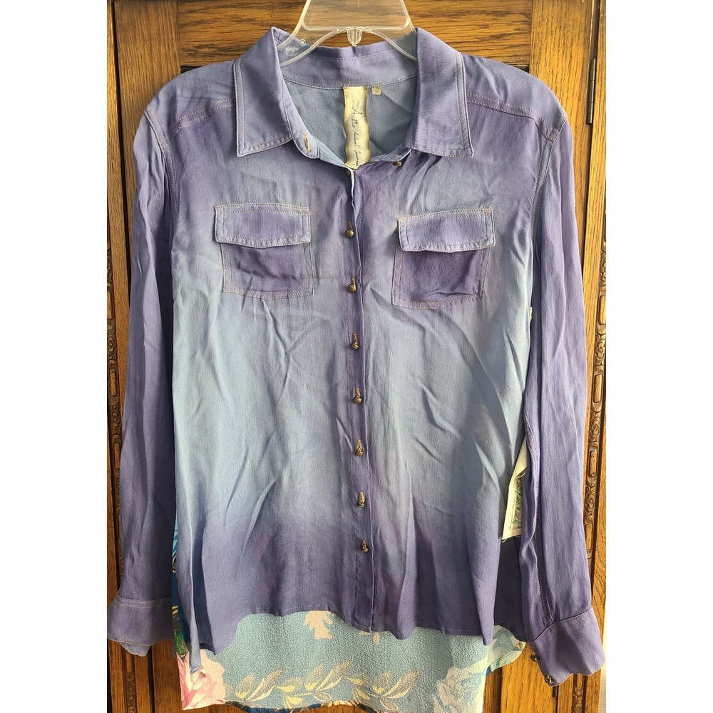 Aratta Silent Journey Ombre Floral Back Button Down Shirt Purple Blue Size Small
